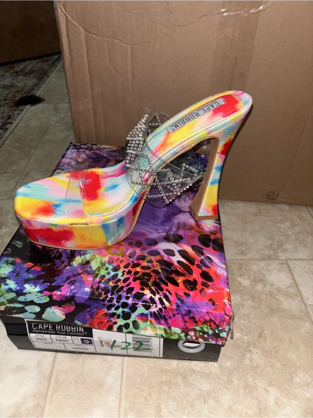Cape Robbin Rainbow Print Platform Slide Sandal with Jeweled Clear Strap